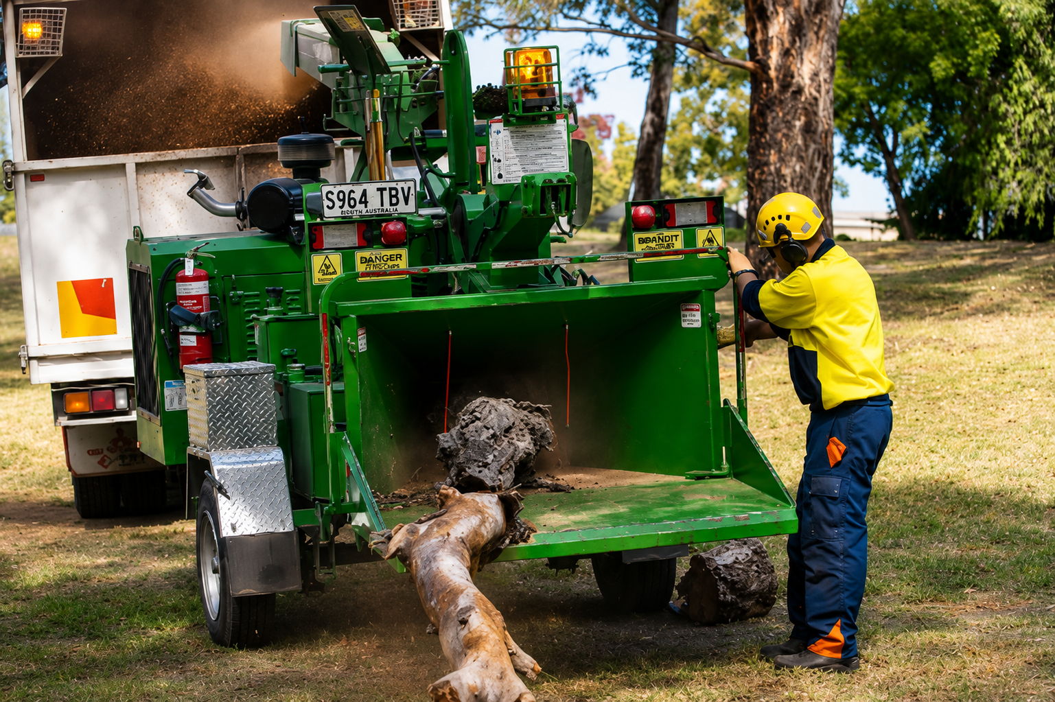 Green woodchipper at work for landscaping services